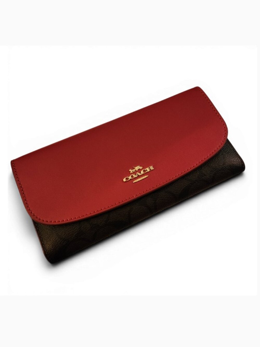Auth. Coach Signature PVC Coated Canvas & Leather Slim Envelope Wallet Brown/Red
